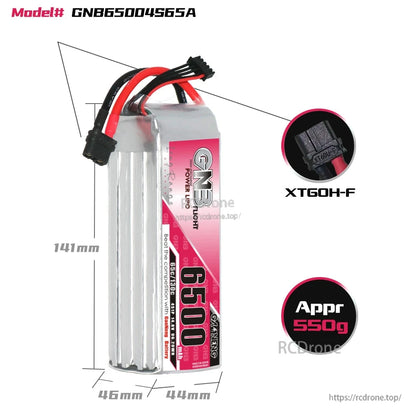 Battery dimensions diagram for GNB65004S65A with XT60H-F connector callout and approx 550g weight