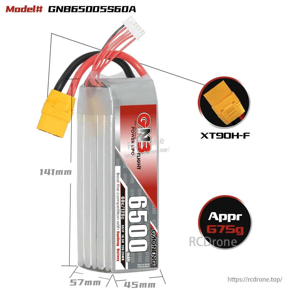 GNB65005S60A battery dimensions diagram (141×57×45mm) with XT90H-F connector and 675g note