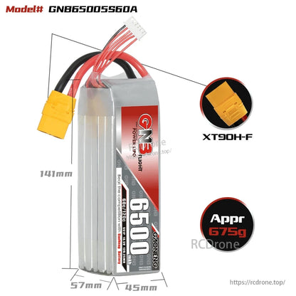 GNB65005S60A battery dimensions diagram (141×57×45mm) with XT90H-F connector and 675g note