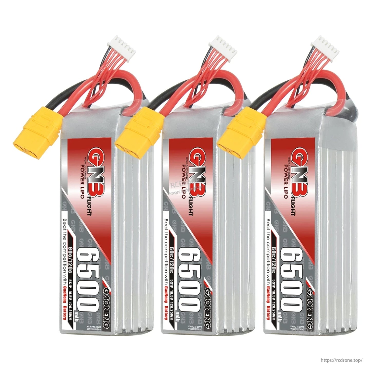Three GNB 6500 LiPo battery packs lined up, each with XT90 connector and balance lead