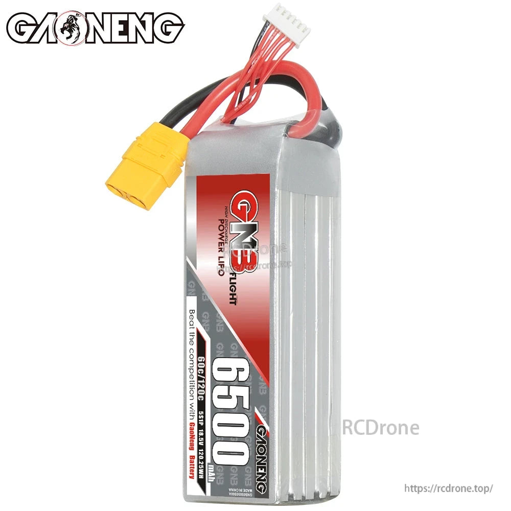 Upright front view of GNB 6500 LiPo battery pack showing label and attached XT90 lead