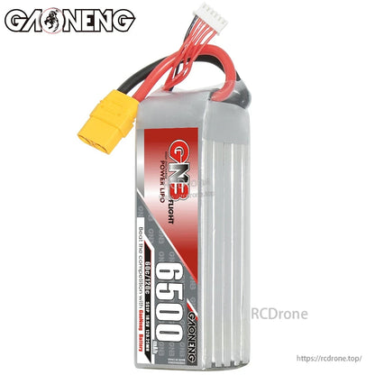 Upright front view of GNB 6500 LiPo battery pack showing label and attached XT90 lead