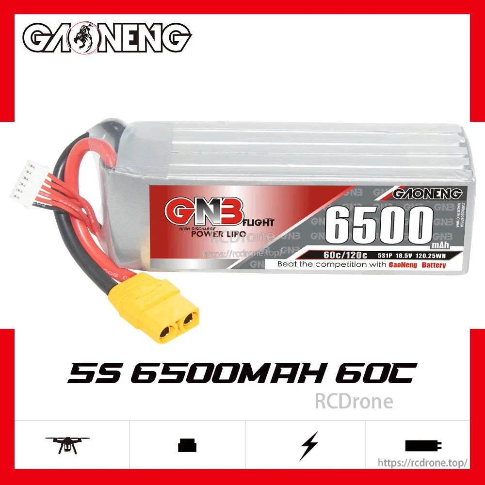 GNB 5S 6500mAh 60C LiPo battery product graphic with branding and model label