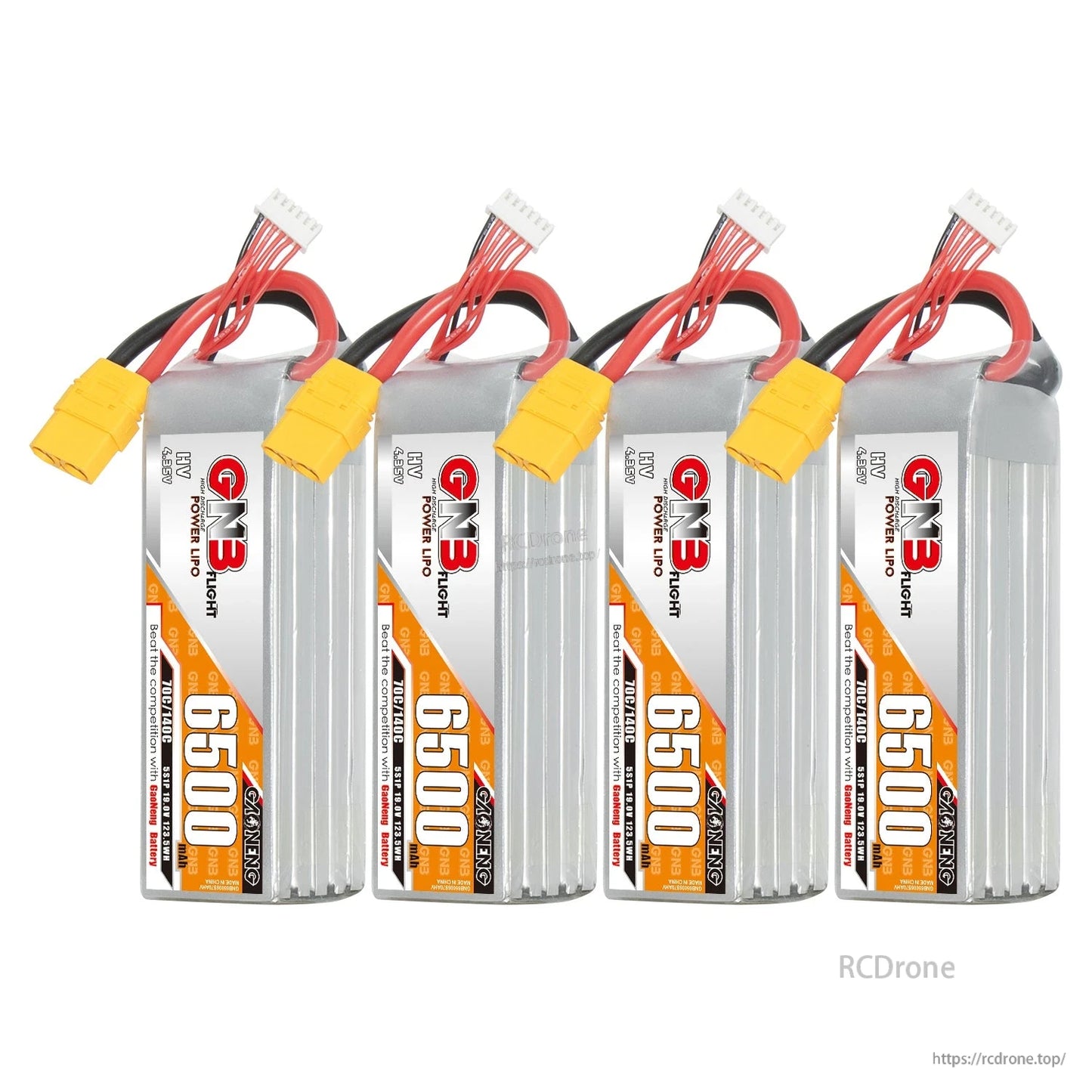 Four-pack set of GNB 6500 HV LiPo batteries with XT90 connectors and balance leads