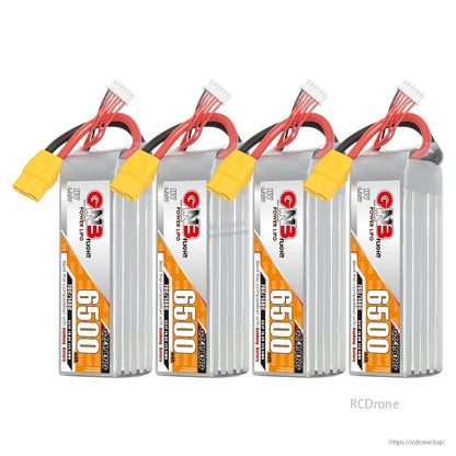 Four-pack set of GNB 6500 HV LiPo batteries with XT90 connectors and balance leads