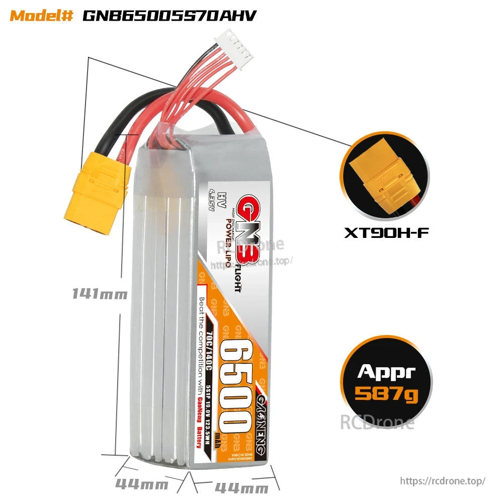 GNB65005S70AHV battery size diagram showing 141 x 44 x 44 mm, XT90H-F plug and approx 537 g