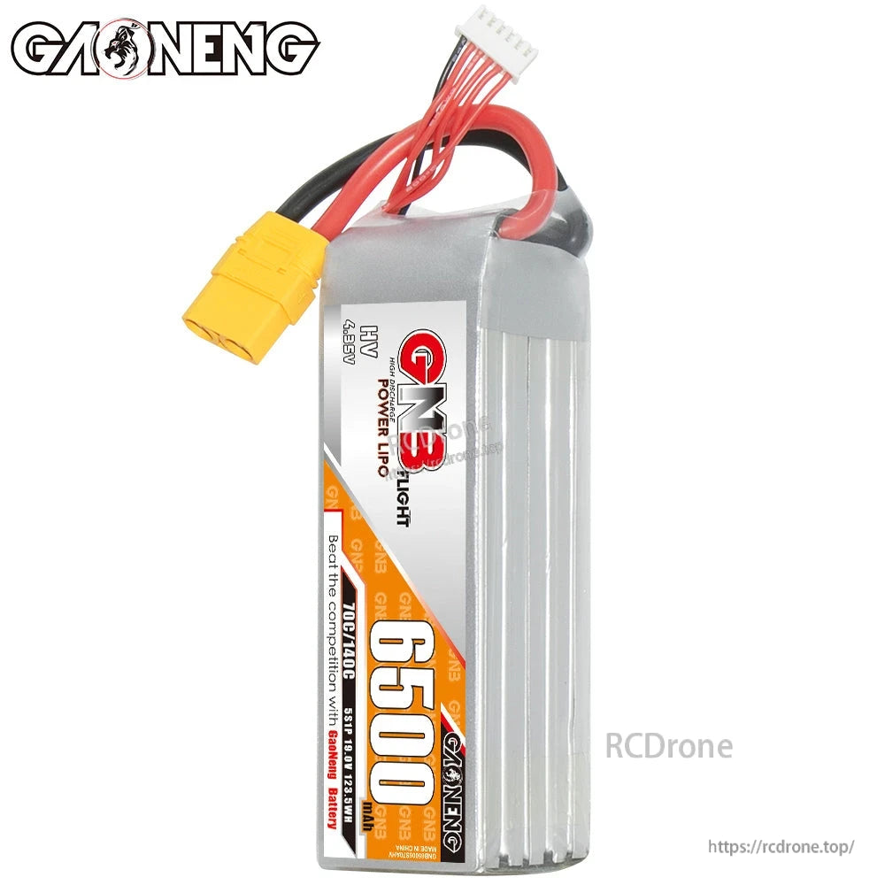 Upright view of GNB HV LiPo battery showing 6500 label, wires and yellow XT90 connector