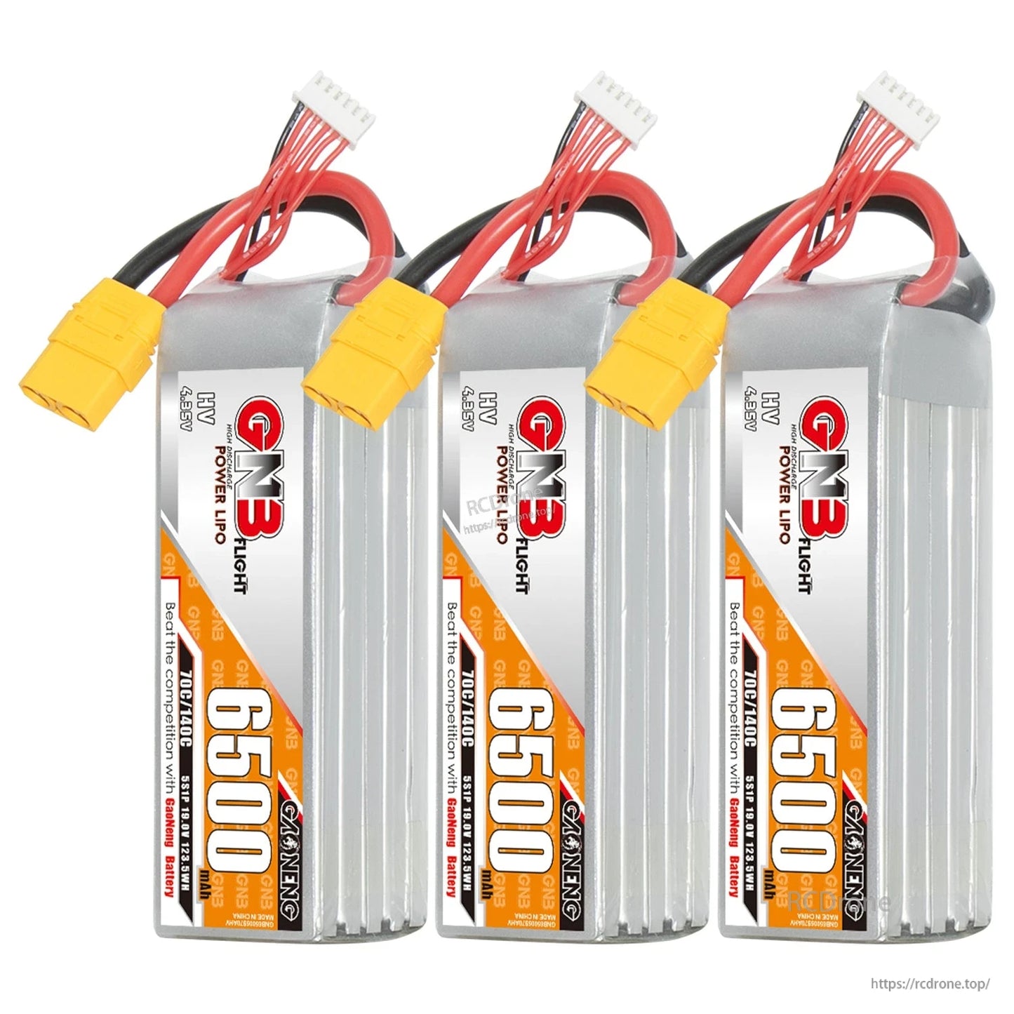 Three-pack set of GNB 6500 HV LiPo batteries with XT90 connectors, front labels facing
