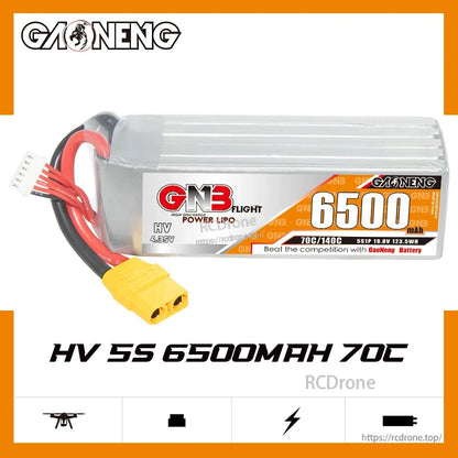 Side profile of GAONENG GNB HV 5S 6500mAh 70C LiPo battery with XT90 plug and balance cable