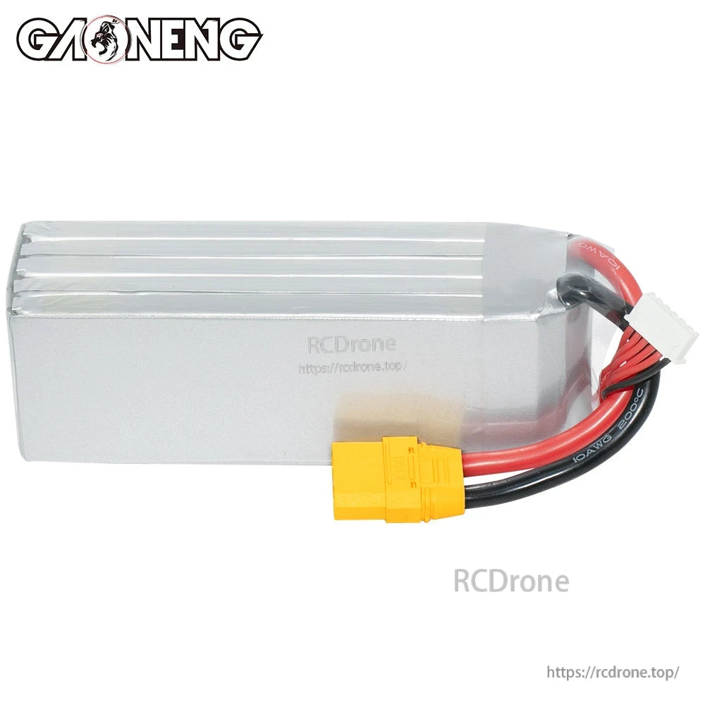 Rear plain-side view of silver GNB battery case with XT90 connector and balance plug visible