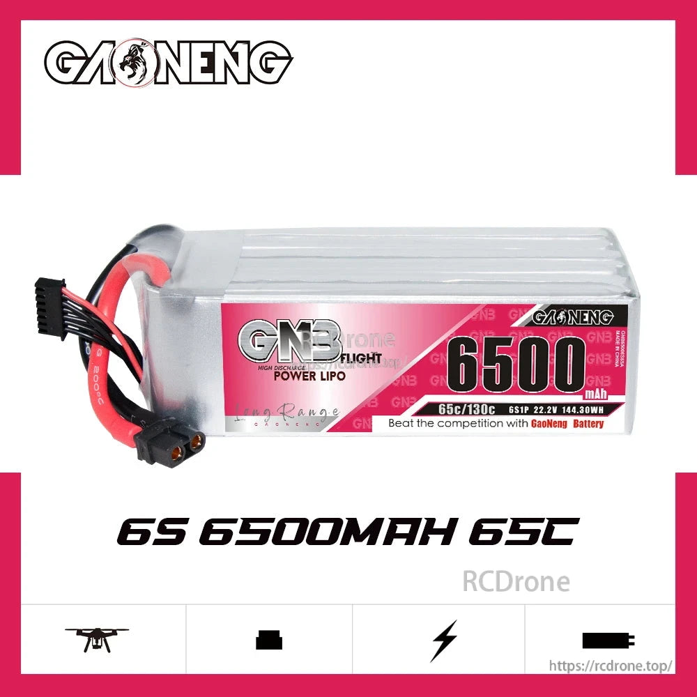 GAONENG GNB 6S 6500mAh 65C LiPo battery XT60, front label view on white background