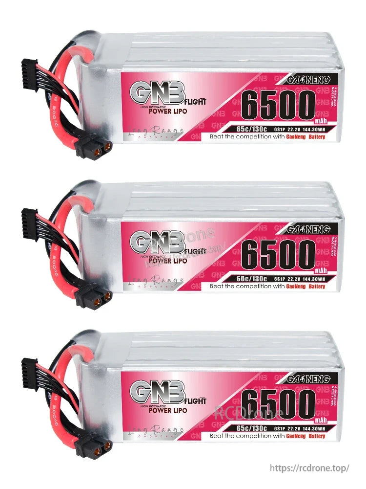 Three GNB 6500mAh LiPo batteries stacked horizontally, labels aligned and connectors visible