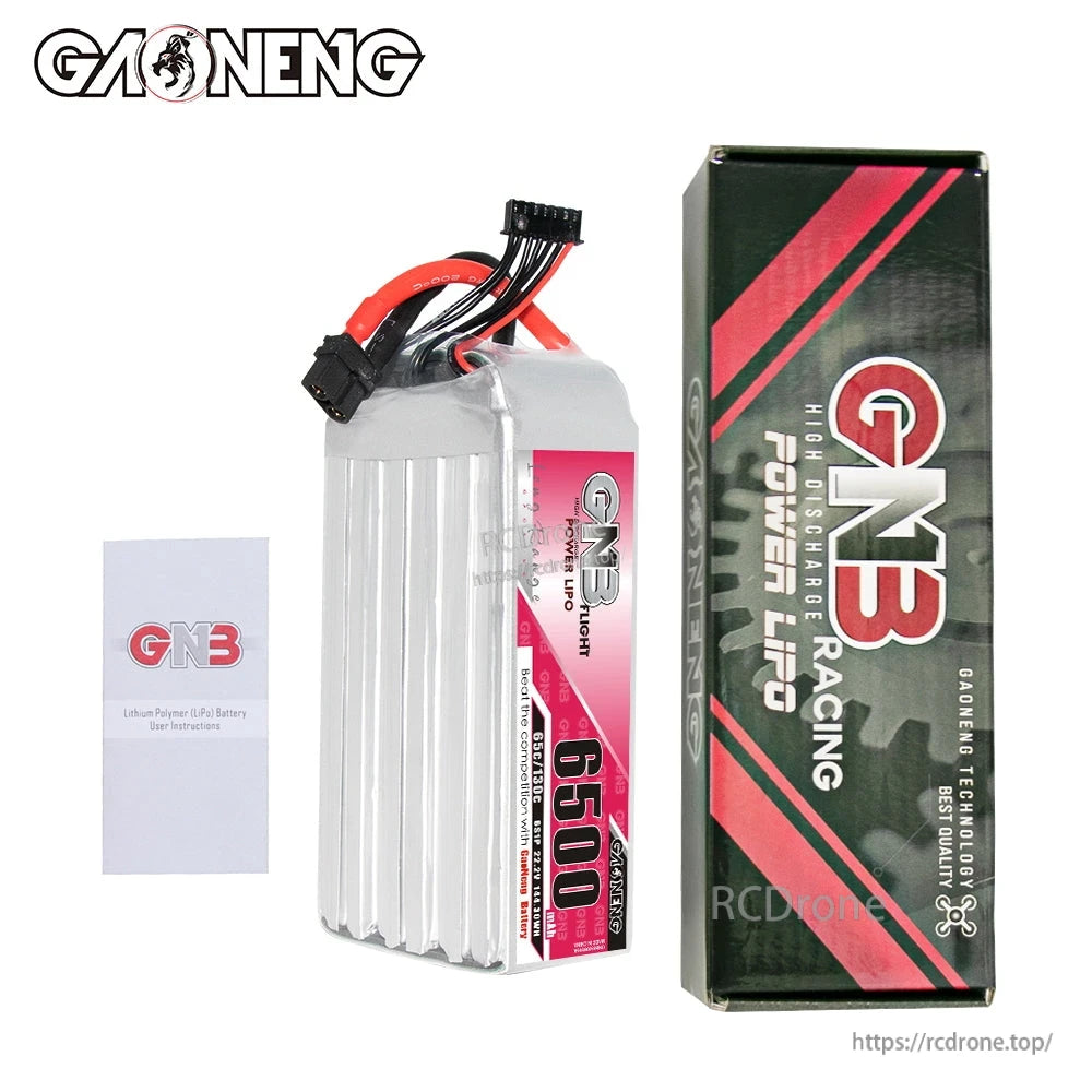 Package contents: GNB 6500mAh battery, retail box, and user instructions leaflet