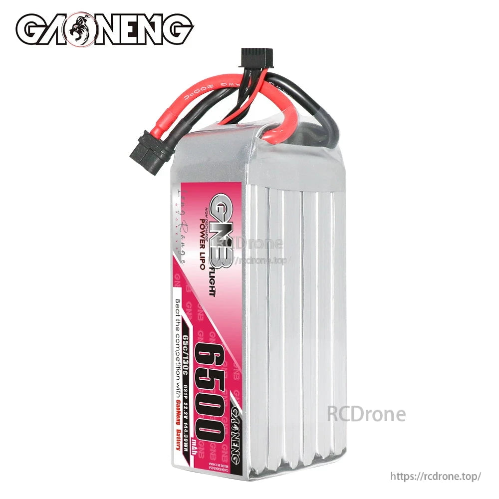 Side profile of GNB 6500mAh LiPo pack standing upright, label strip visible with top leads