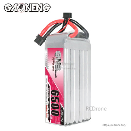 Side profile of GNB 6500mAh LiPo pack standing upright, label strip visible with top leads