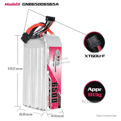 Battery dimensions and connector callout graphic: 142×68×44 mm, model GNB65006S65A, XT60U-F