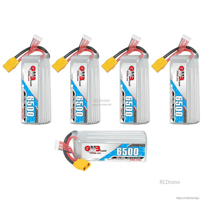 Five-piece display: four upright GNB 6500 packs plus one horizontal pack showing label side