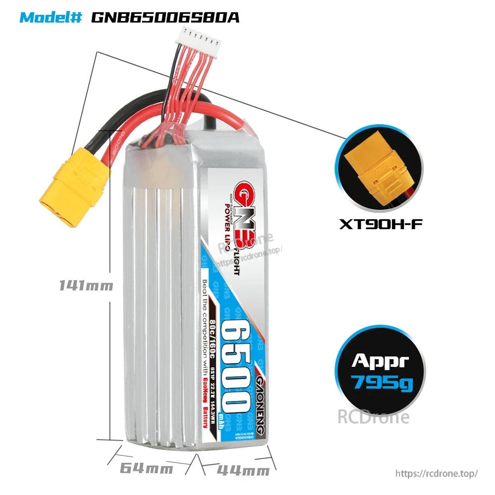 GNB65006S80A battery size chart showing 141 x 64 x 44 mm, XT90H-F plug and approx 795 g