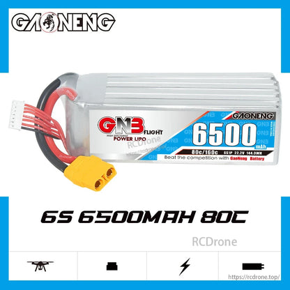 GNB 6S 6500mAh 80C LiPo battery label close-up showing 80C/160C and 22.2V specs