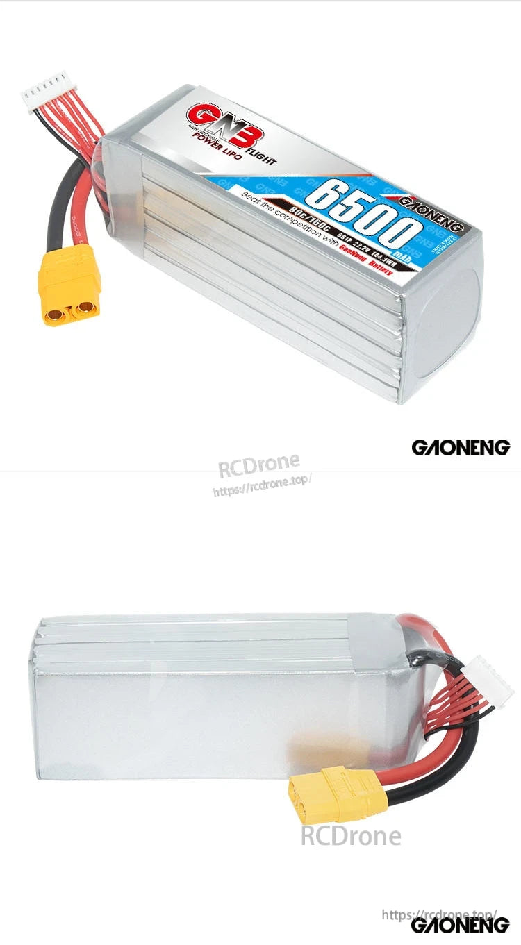 Two-view collage showing labeled front angle and plain side profile of the 6500mAh battery pack