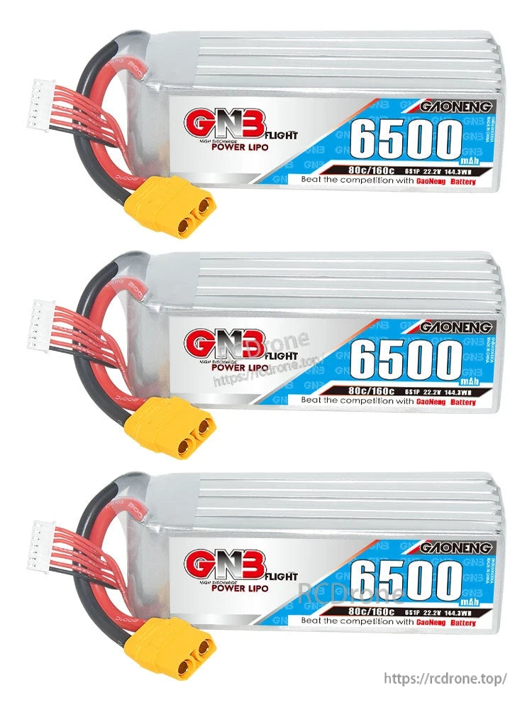 Three GNB 6500 LiPo batteries lined up, each with XT90 connector and balance lead