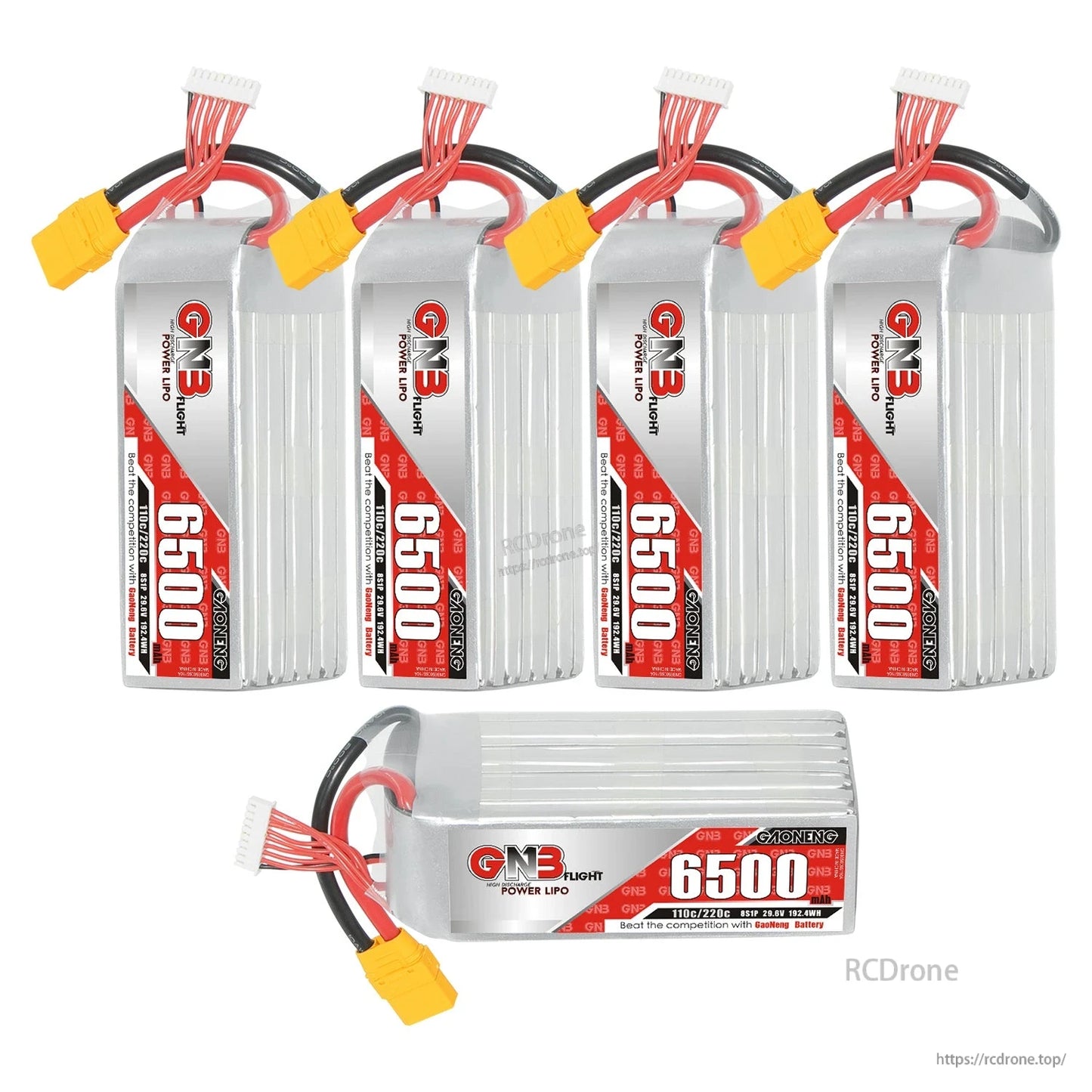 Four upright GNB 6500 packs plus one horizontal pack shown together with XT90 connectors