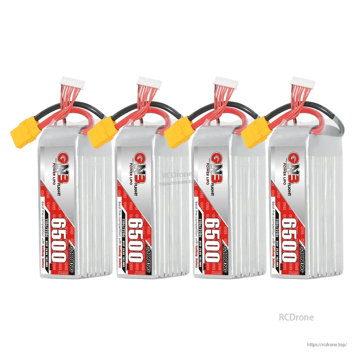 Four GNB 6500 battery packs lineup with XT90 connectors, shown upright on white background