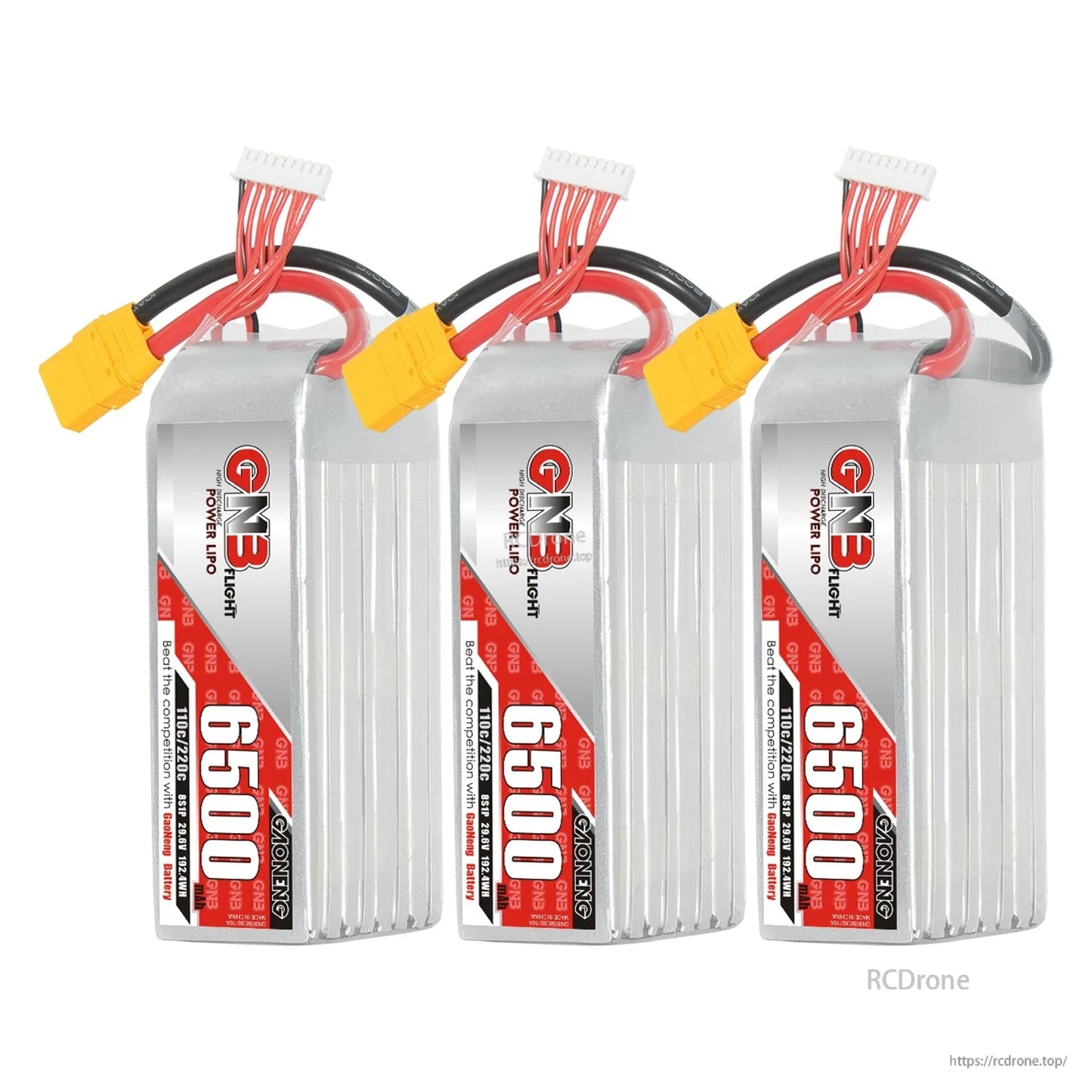 Three GNB 6500 battery packs lineup, each with XT90 connector and multi-wire balance lead