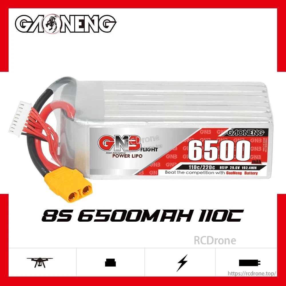 GNB 8S 6500mAh 110C LiPo battery 29.6V product graphic with model label and connector shown