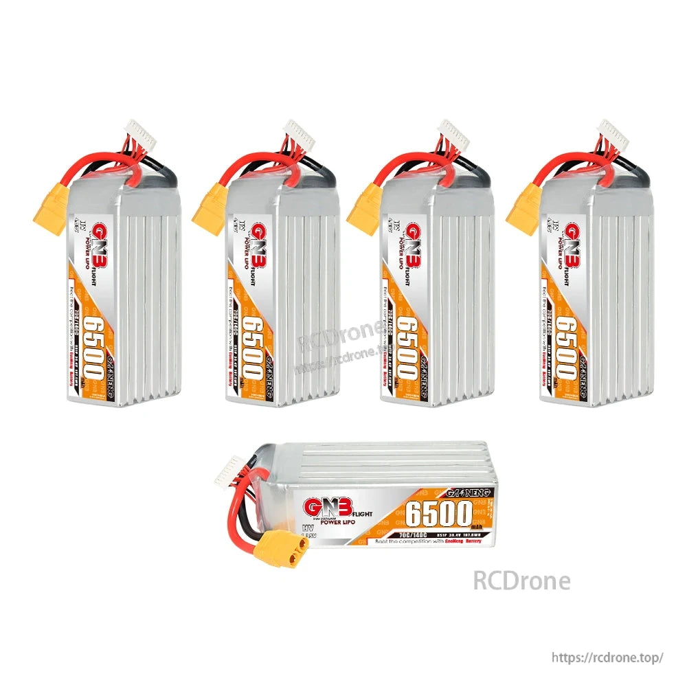 Set view with four upright GNB 6500mAh batteries and one horizontal battery showing label side