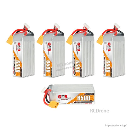 Set view with four upright GNB 6500mAh batteries and one horizontal battery showing label side