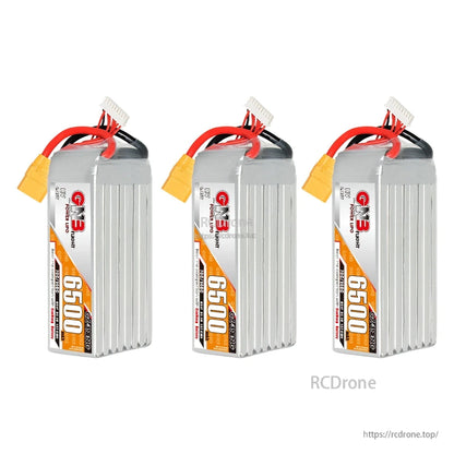Three GNB 6500mAh LiHV LiPo batteries shown upright, each with yellow connector and balance lead