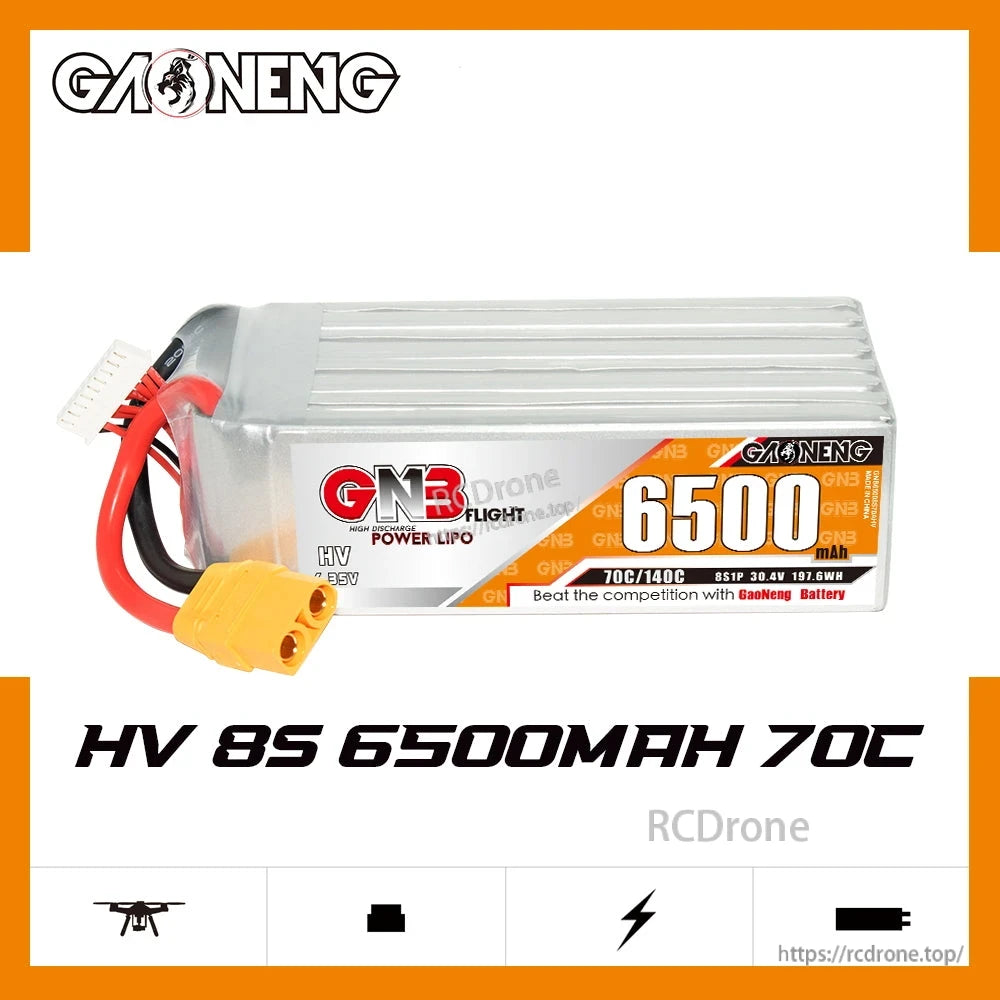 GAONENG GNB65008S70AHV 8S LiHV 6500mAh 70C battery graphic showing key specs