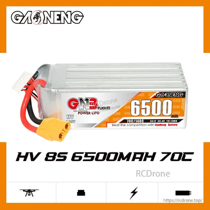 GAONENG GNB65008S70AHV 8S LiHV 6500mAh 70C battery graphic showing key specs