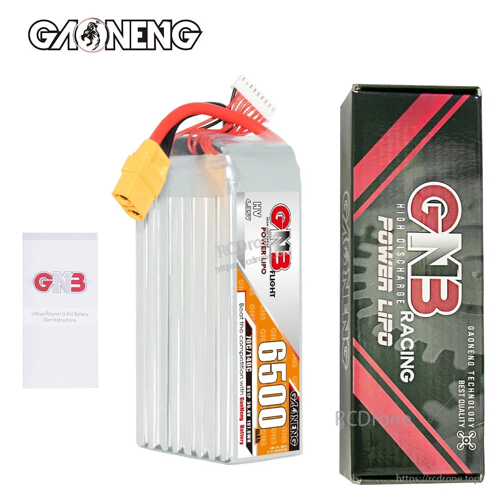 Package contents: GAONENG GNB 6500mAh battery, GNB Racing box, and instruction leaflet