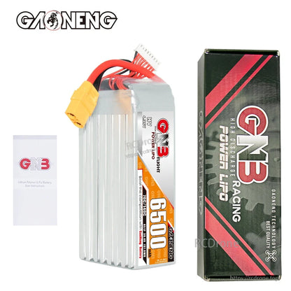 Package contents: GAONENG GNB 6500mAh battery, GNB Racing box, and instruction leaflet