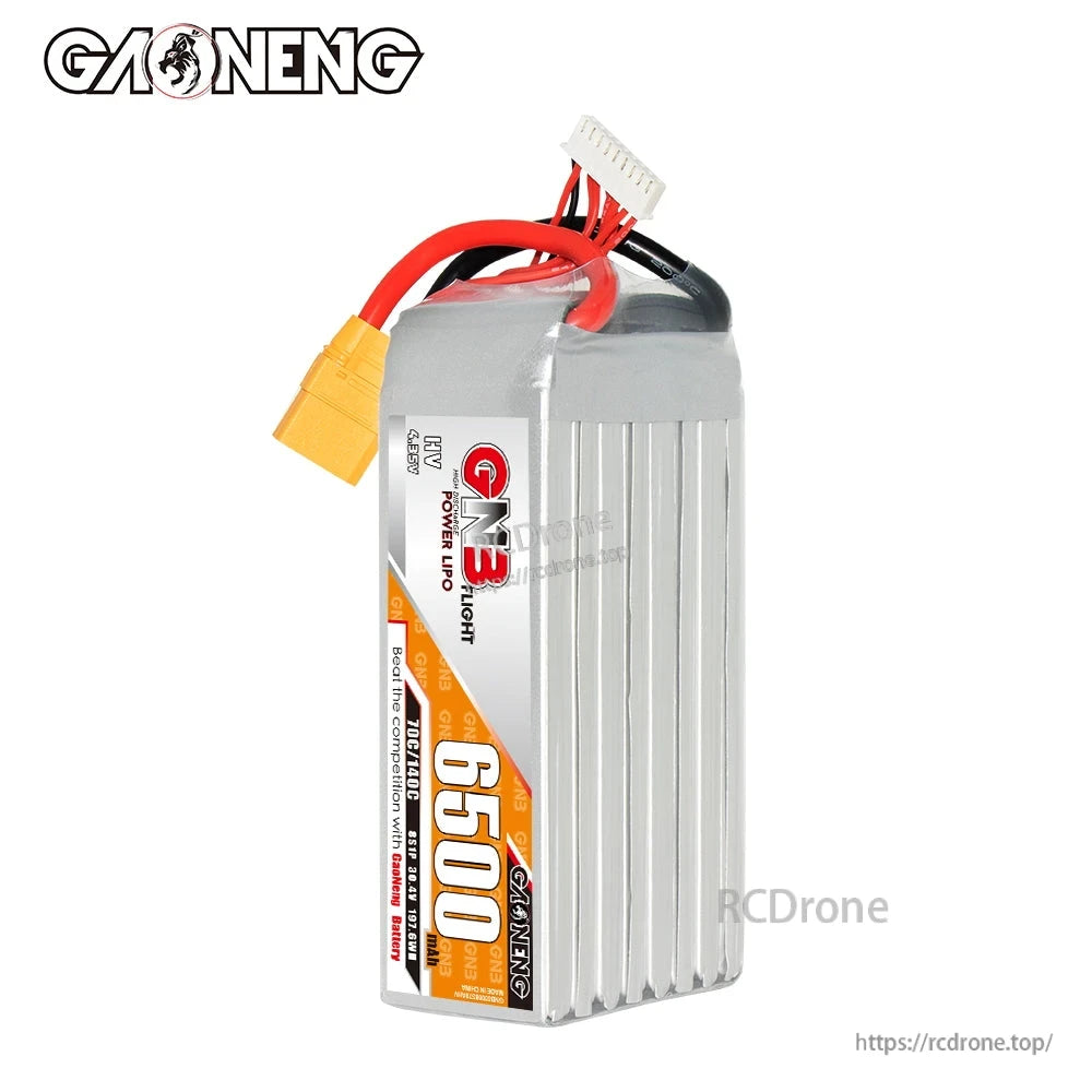 Upright front view of GAONENG GNB 6500 LiHV LiPo battery with side label and leads