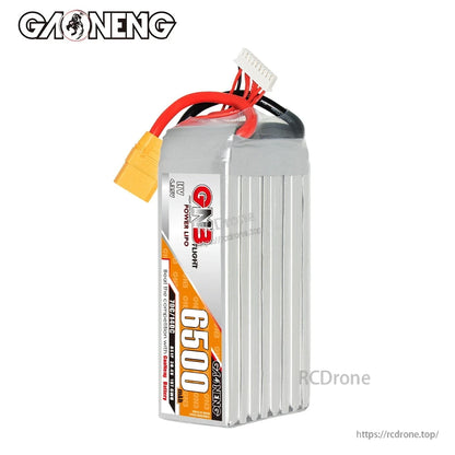 Upright front view of GAONENG GNB 6500 LiHV LiPo battery with side label and leads