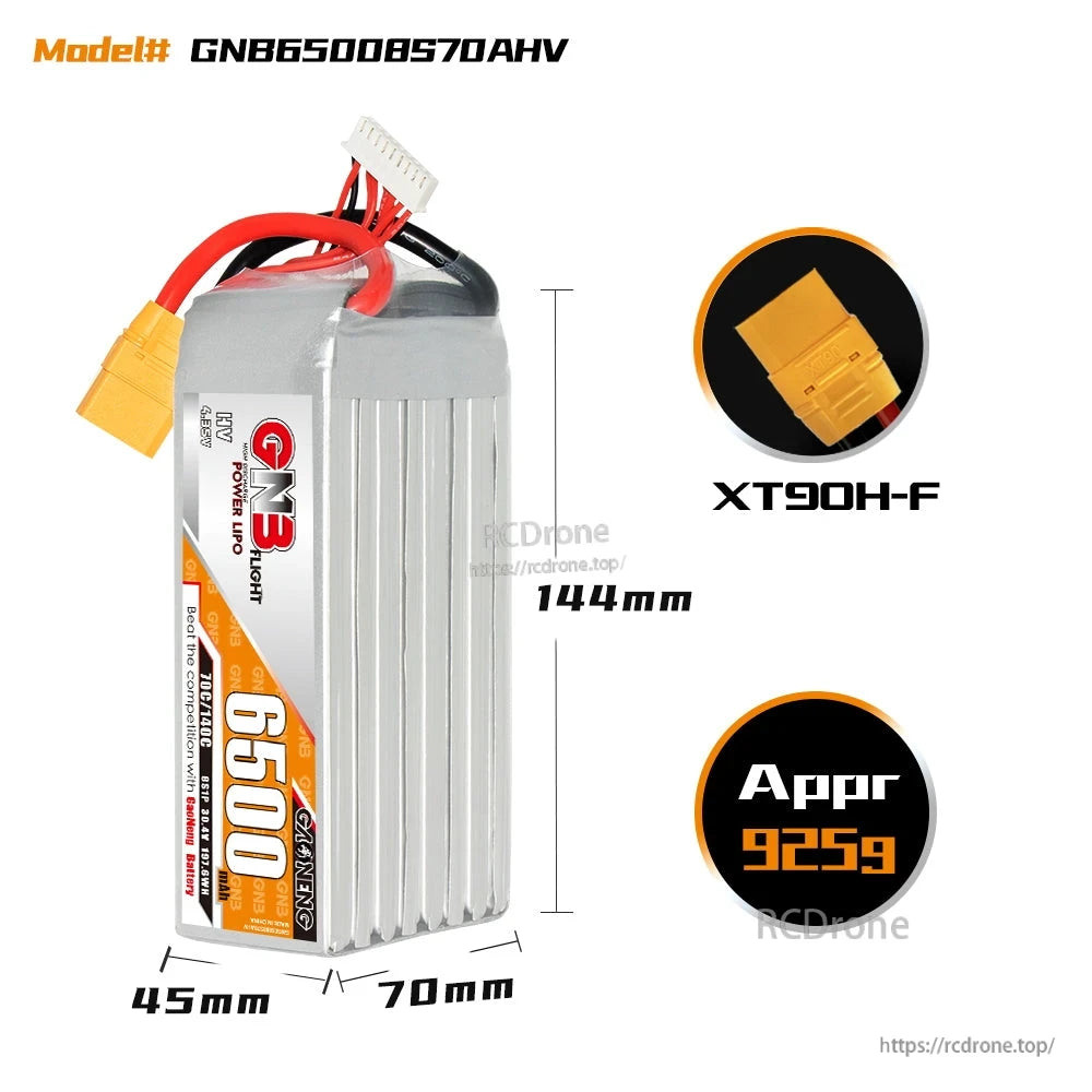 GNB65008S70AHV battery dimensions diagram (144×70×45mm) with XT90H-F connector and approx weight callout