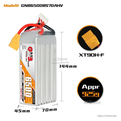 GNB65008S70AHV battery dimensions diagram (144×70×45mm) with XT90H-F connector and approx weight callout