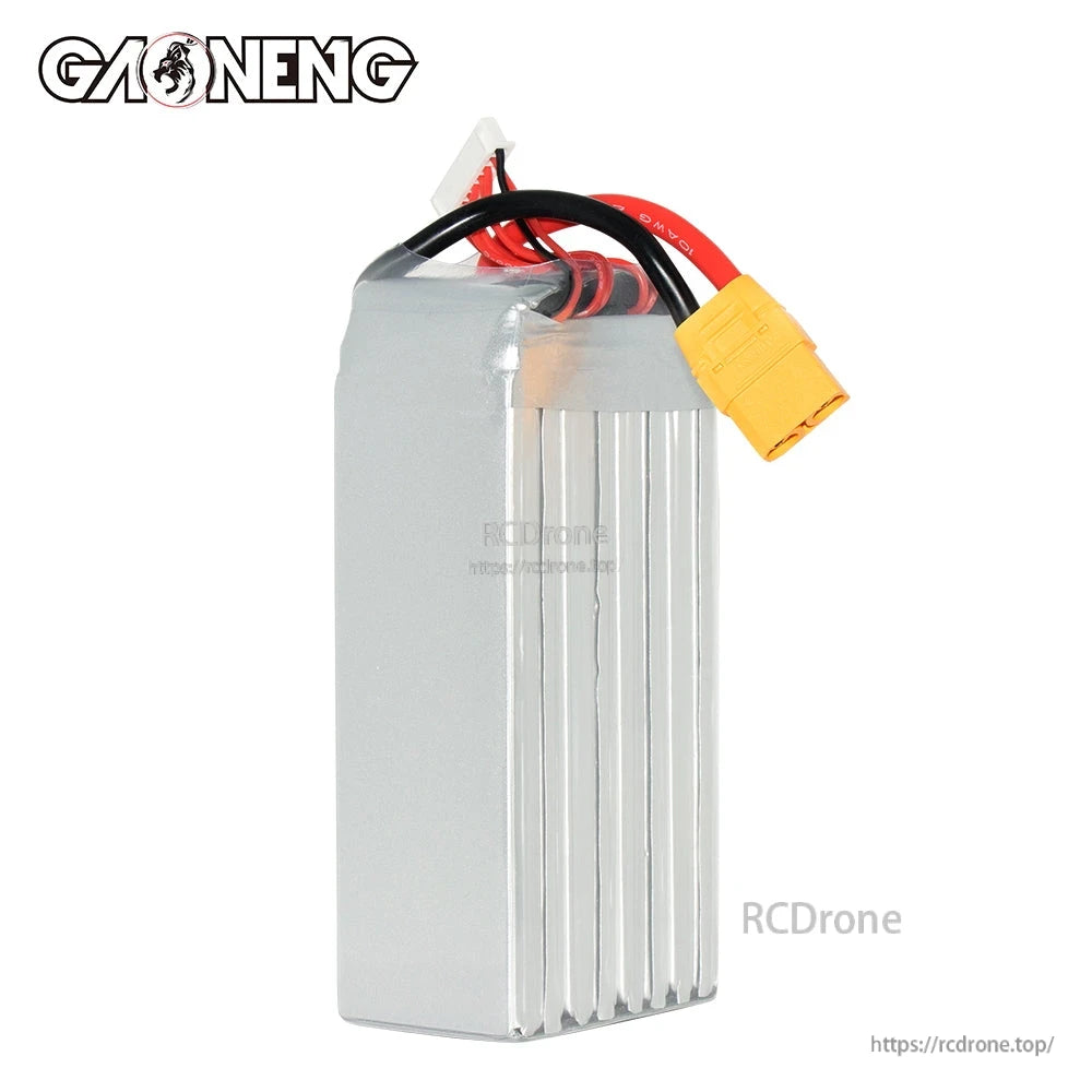 Rear side view of GNB LiHV battery showing silver casing ribs and exiting leads with yellow plug