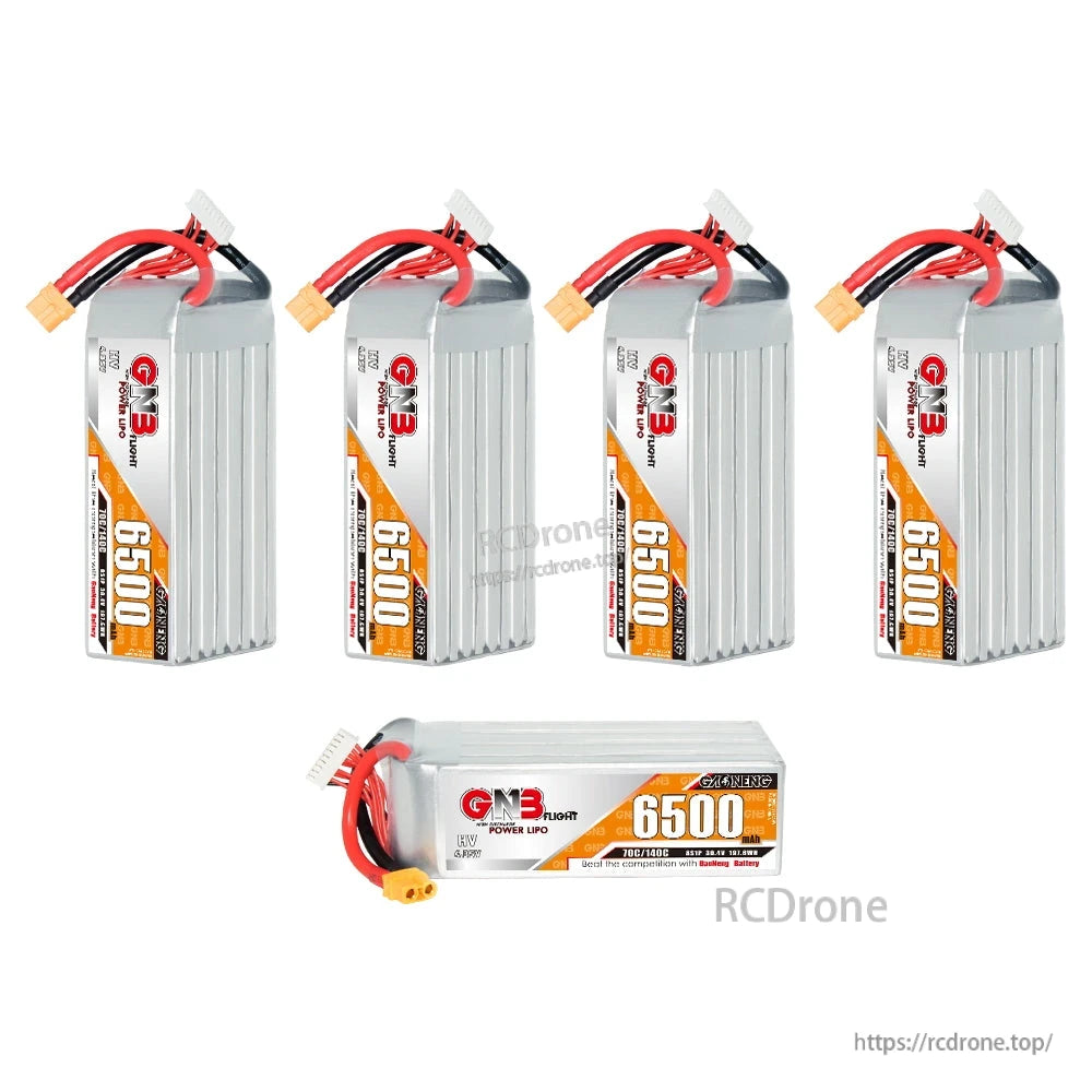 Group display of GNB 6500mAh packs: four upright plus one horizontal unit showing side label