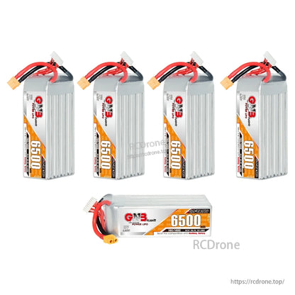Group display of GNB 6500mAh packs: four upright plus one horizontal unit showing side label