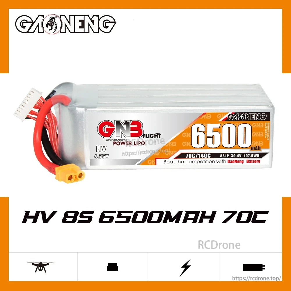 GAONENG GNB HV 8S 6500mAh 70C battery product graphic with model label and feature icons