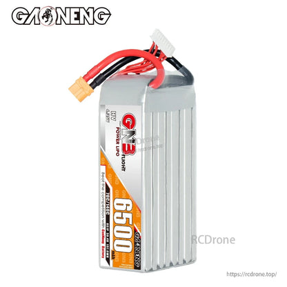 Upright front view of GNB Flight HV power LiPo 6500mAh pack with label and top wire leads