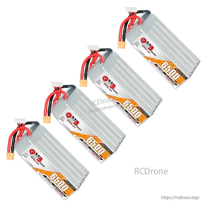 Four GNB 6500mAh battery packs shown at angle, multiple units display with XT60 connectors