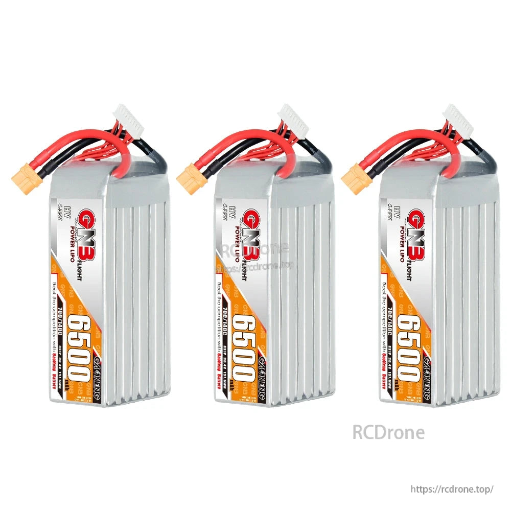 Three GNB 6500mAh LiHV battery packs shown upright, comparison/multi-pack display on white