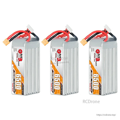 Three GNB 6500mAh LiHV battery packs shown upright, comparison/multi-pack display on white
