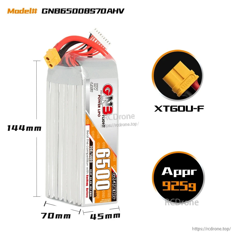GNB65008S70AHV battery dimensions chart 144×70×45mm, XT60U-F connector close-up, approx 925g