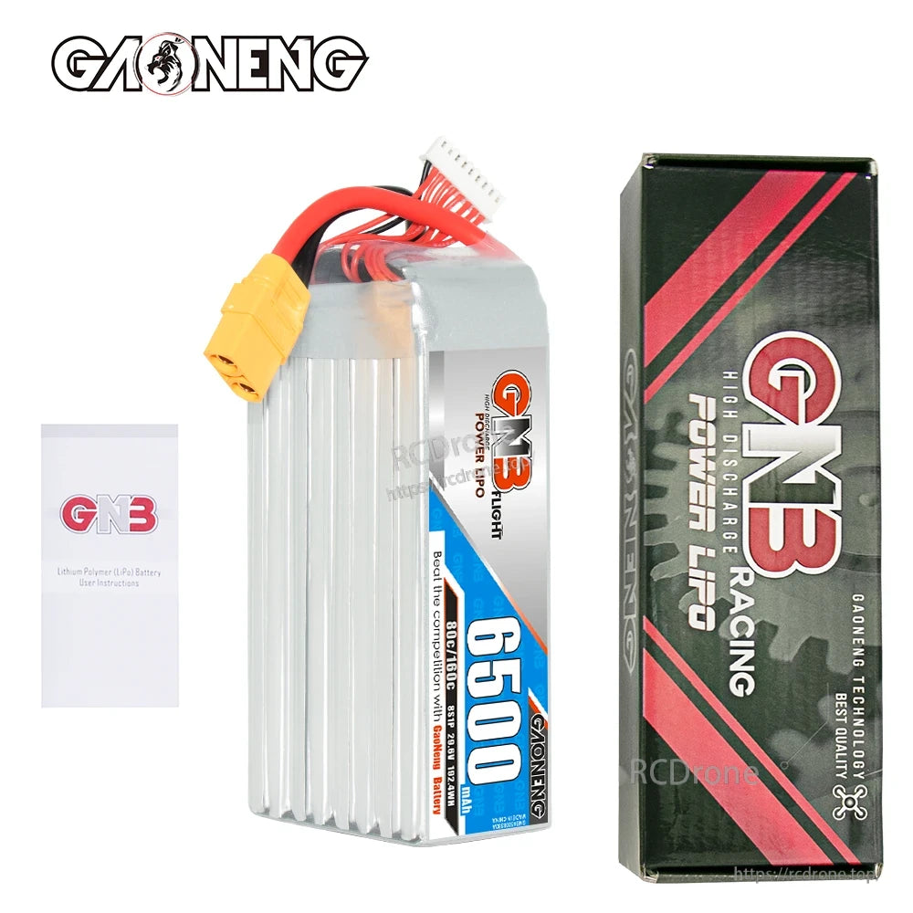 Package contents: GAONENG GNB 6500 battery, retail box, and instruction card shown side by side